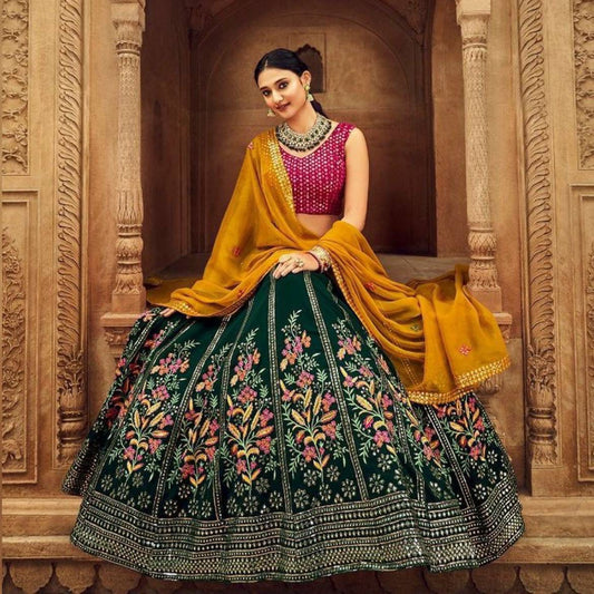 GREEN LEHENGA ,PINK CHOLIAND YELLOW DUPATTA  LEHENGA CHOLI