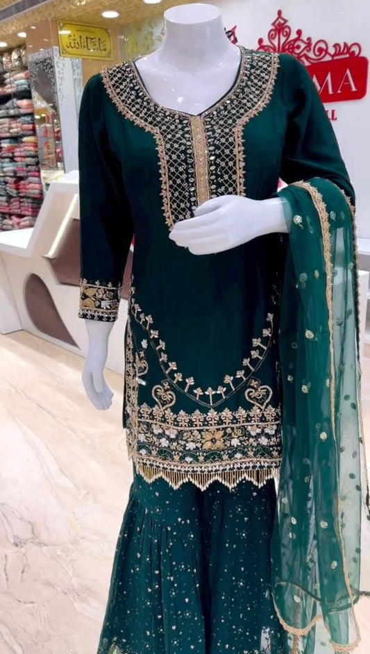 HEAVY GEORGETTE AND SEQUANCE WORK SUIT WITH FULL FLAIR WORK SARARA