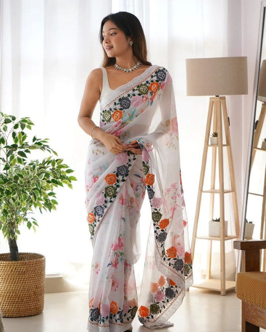 Georgette with Flowers Digital print Sequance embroidery  c-pallu work