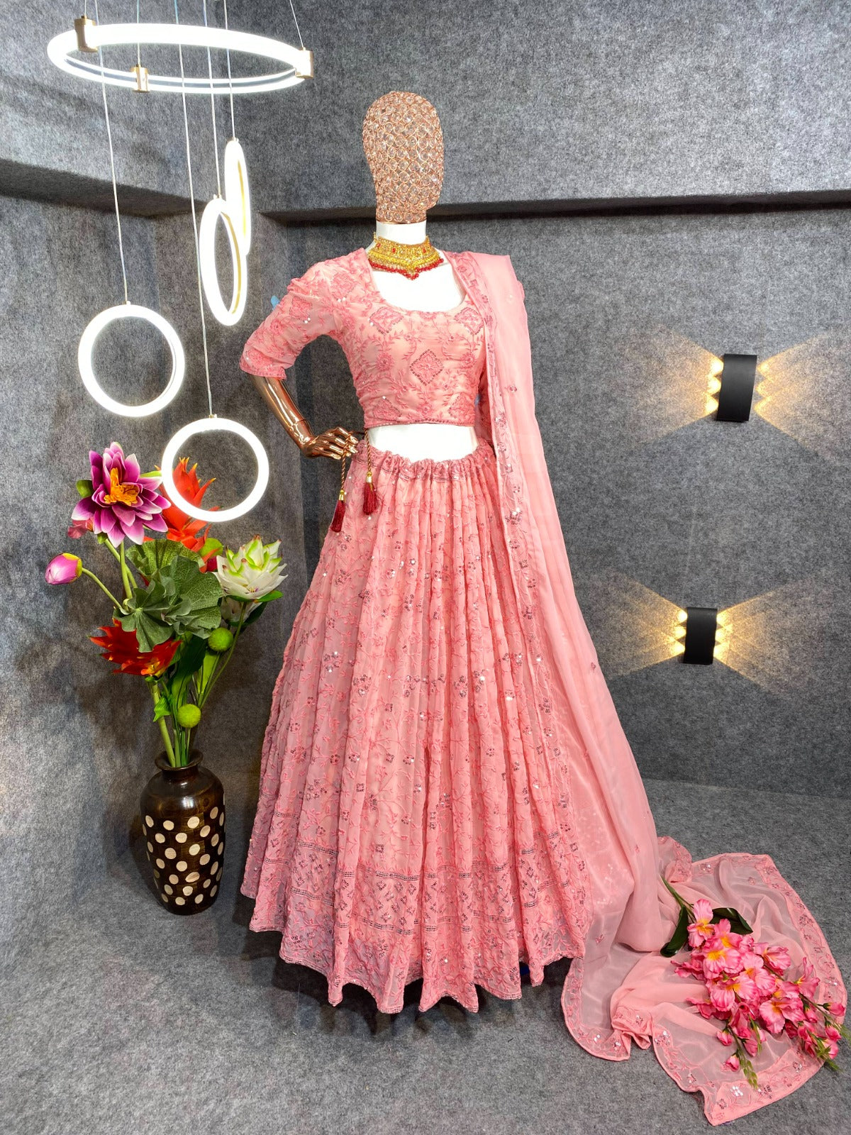 Gajri Pink Colour Embroidered Attractive Party Wear Georgette Lehenga choli