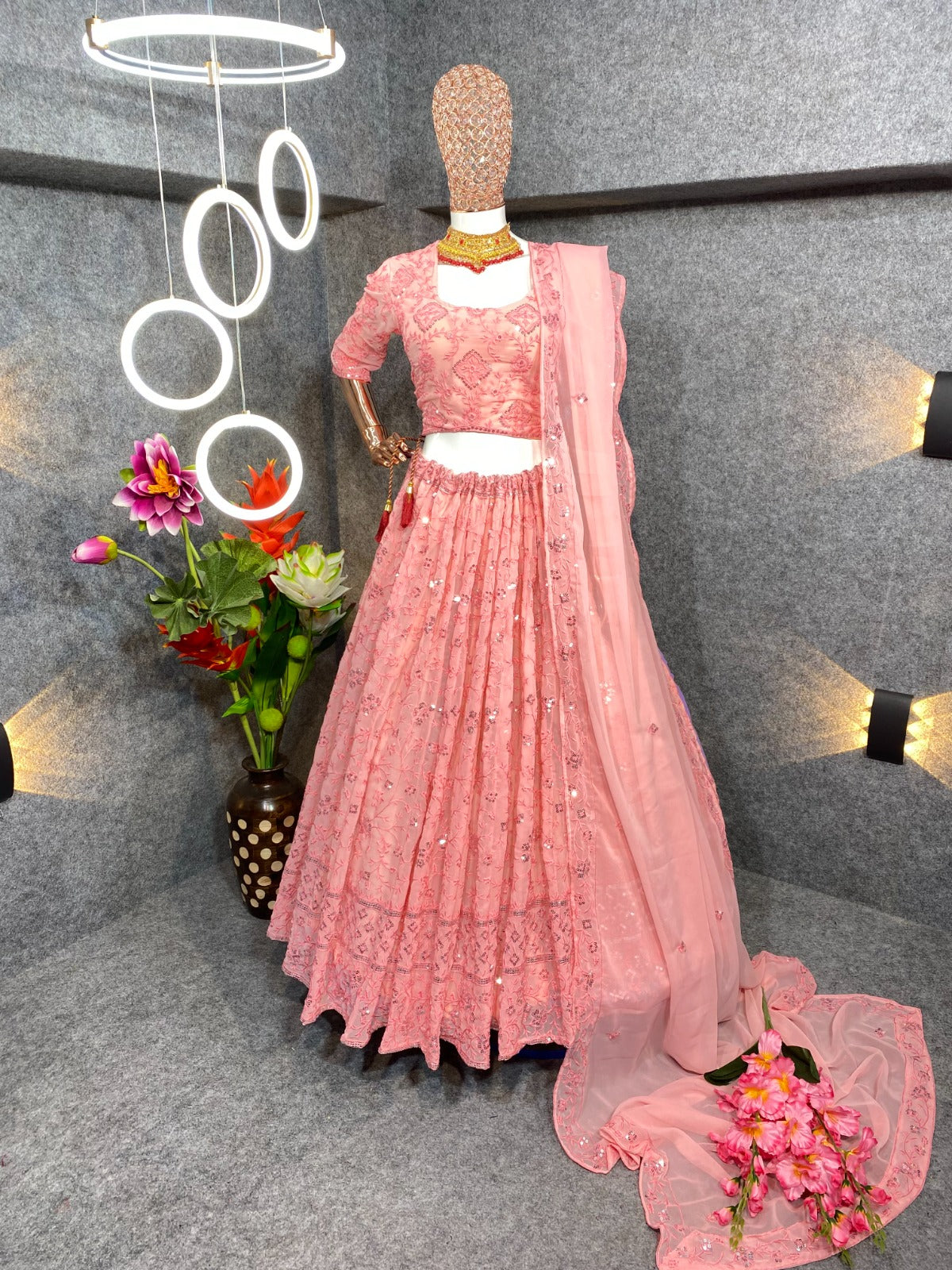 Gajri Pink Colour Embroidered Attractive Party Wear Georgette Lehenga choli