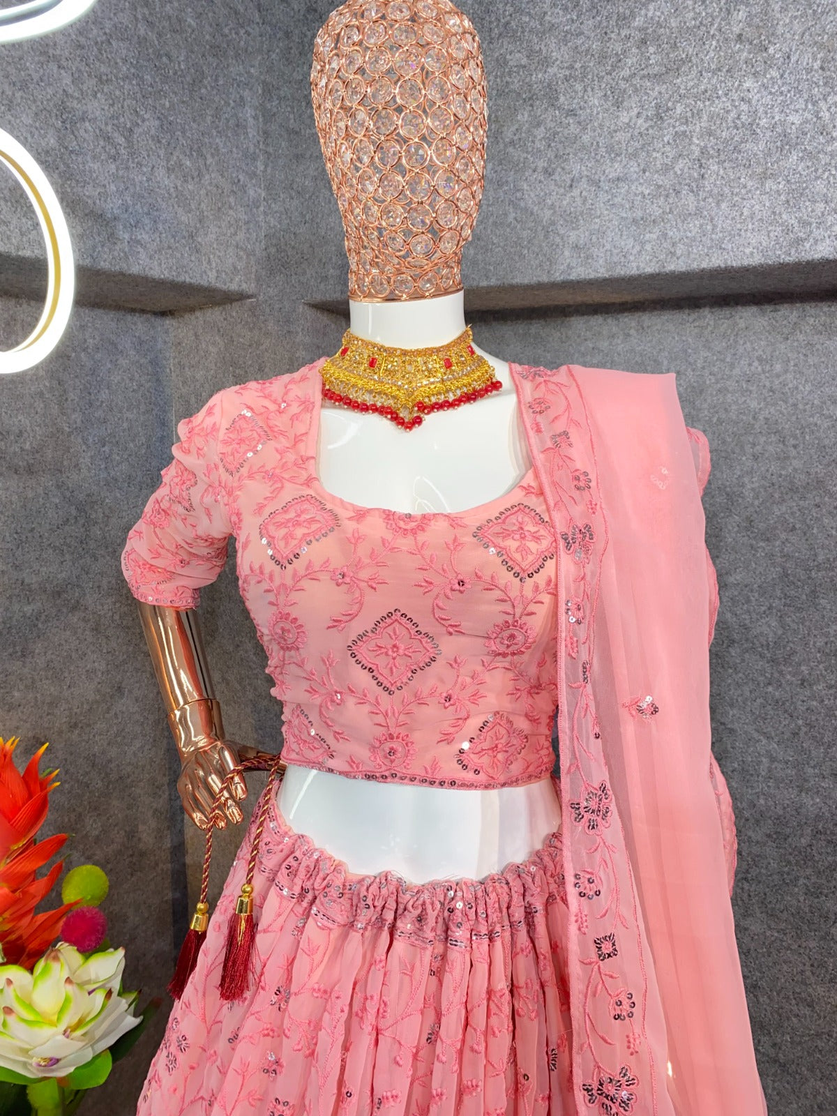 Gajri Pink Colour Embroidered Attractive Party Wear Georgette Lehenga choli