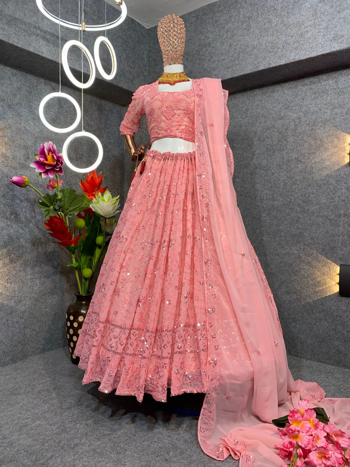 Gajri Pink Colour Embroidered Attractive Party Wear Georgette Lehenga choli