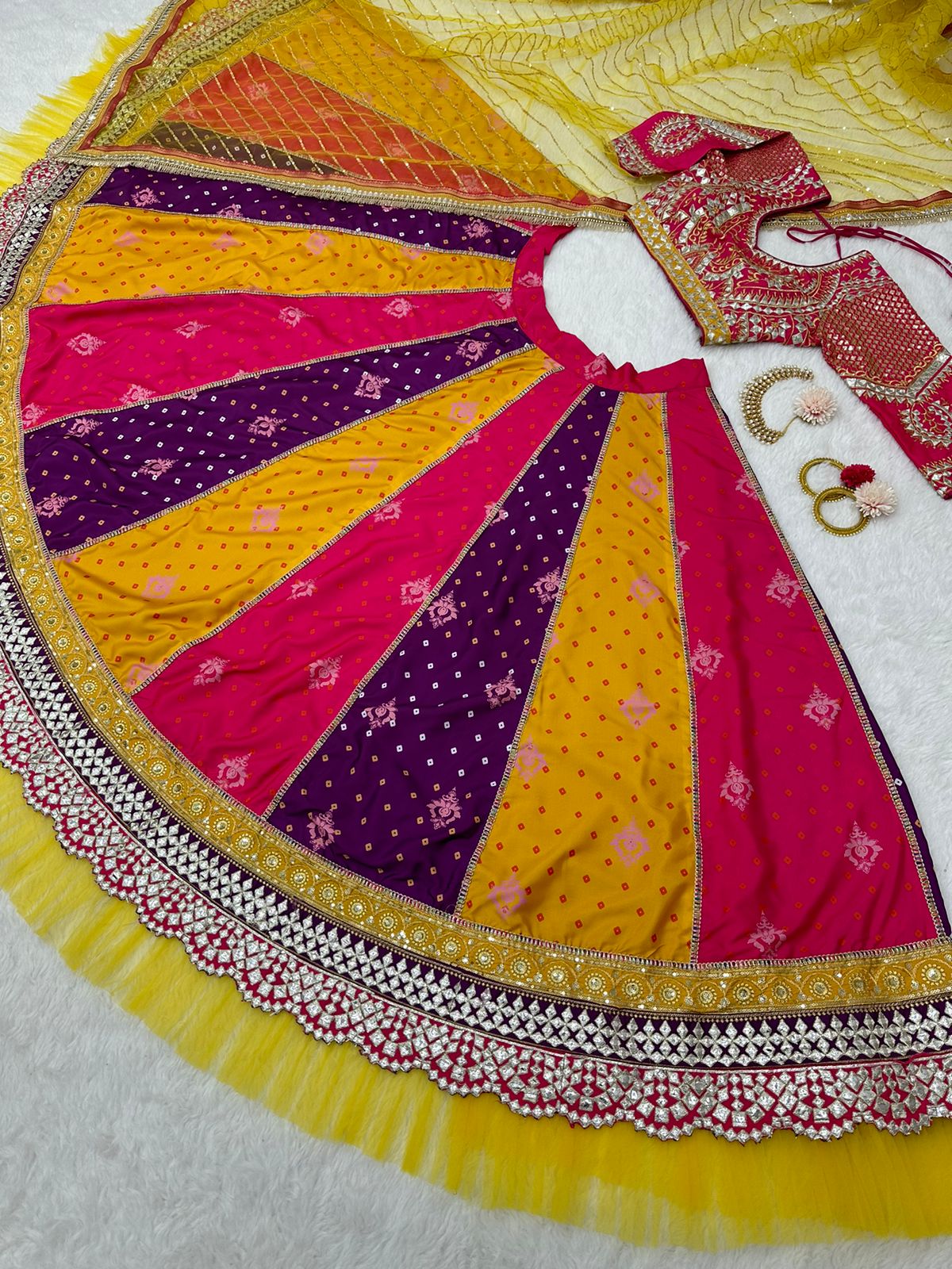 MULTICOLOUR BANDHNI PRINT LEHENGA CHOLI WITH DUPATTA