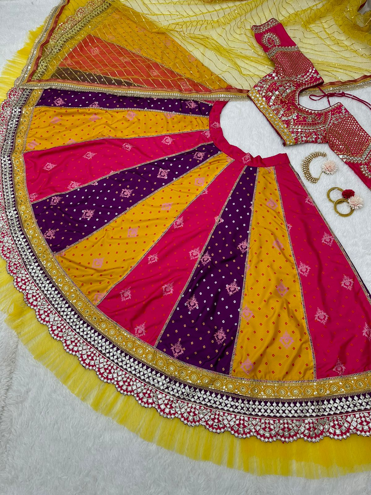 MULTICOLOUR BANDHNI PRINT LEHENGA CHOLI WITH DUPATTA