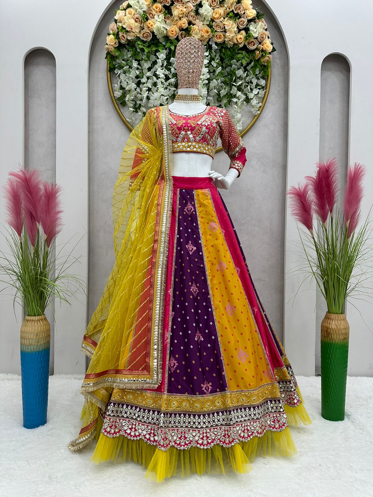 MULTICOLOUR BANDHNI PRINT LEHENGA CHOLI WITH DUPATTA