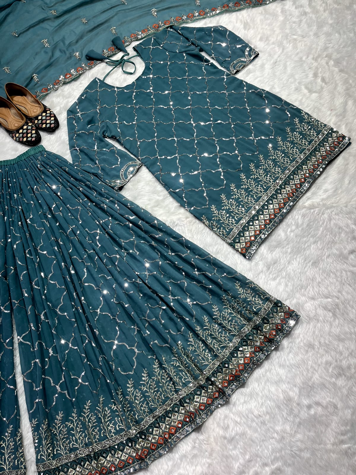 PARTY WEAR LOOK TOP-PLAZZO AND DUPATTA WITH HEAVY EMBROIDERY WORK