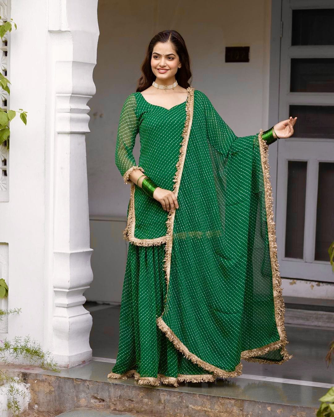 GREEN COLORED GEORGETTE TOP SHARARA