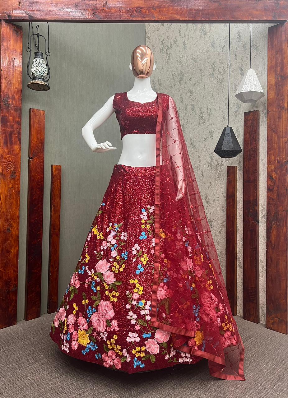 HINA KHAN BEUTIQUE STYLES PERFECT MAROON BRIDAL GEORGETTE SEQUANCE WORK LEHENGA CHOLI WITH DUPATTA *