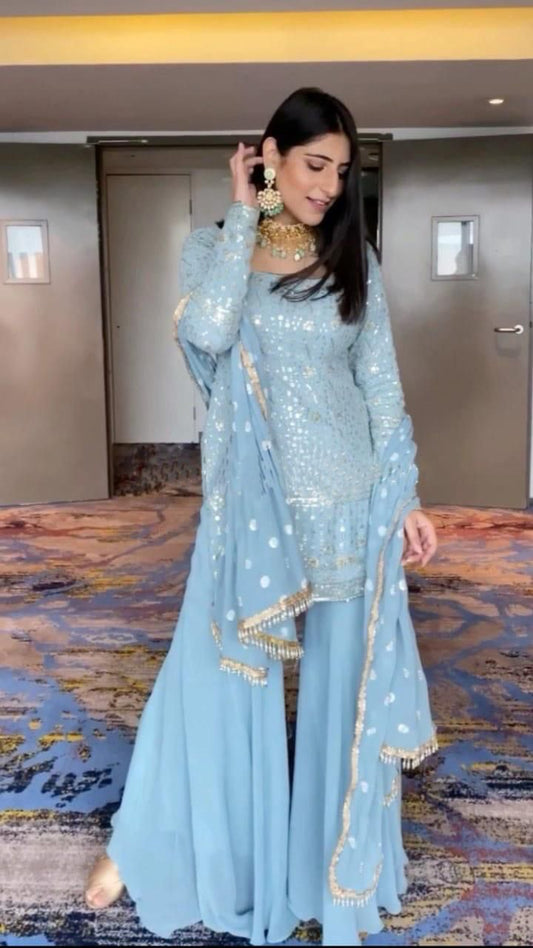 SKY BLUE COLOUR BEAUTIFUL TOP ,PLAZZO AND DUPATTA