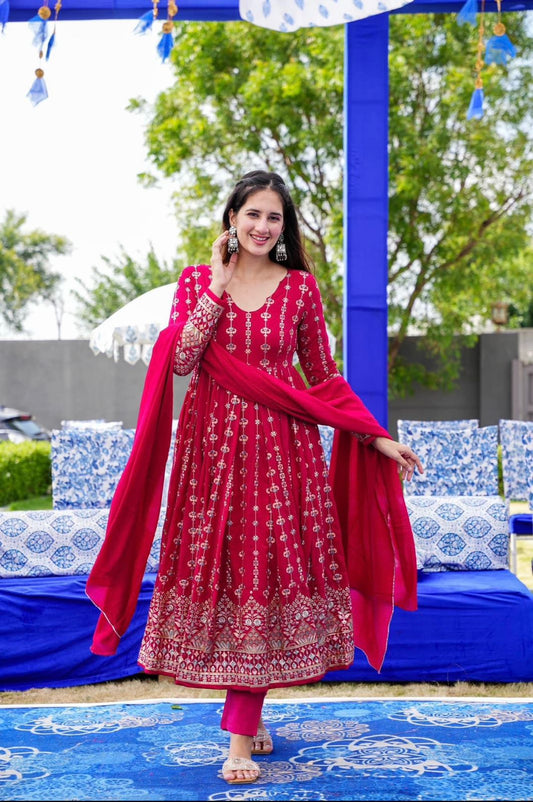 PARTYWEAR RED COLOUR VERY BEAUTIFUL HEAVY EMBROIDERY WORK GOWN