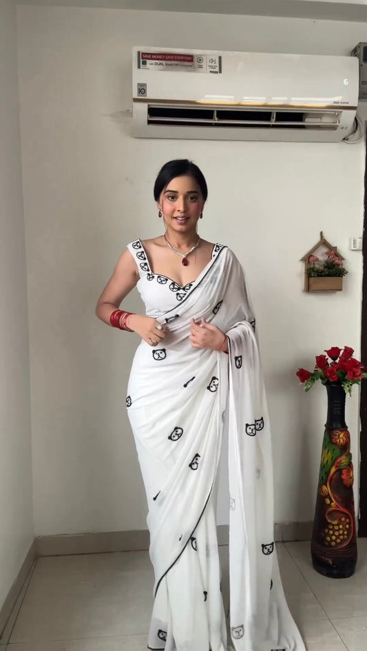 READY TO WEAR  THREAD WORK WITH PIPING WHITE COLOUR SAREE