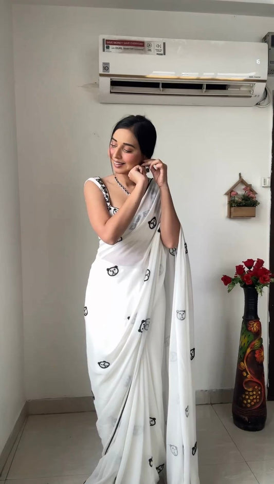 READY TO WEAR  THREAD WORK WITH PIPING WHITE COLOUR SAREE