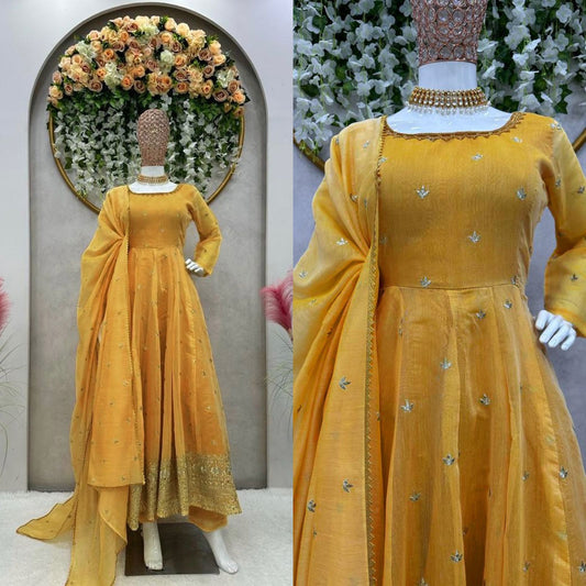 HALDI SPECIAL YELLOW COLOUR  EMBROIDERY WORK GOWN