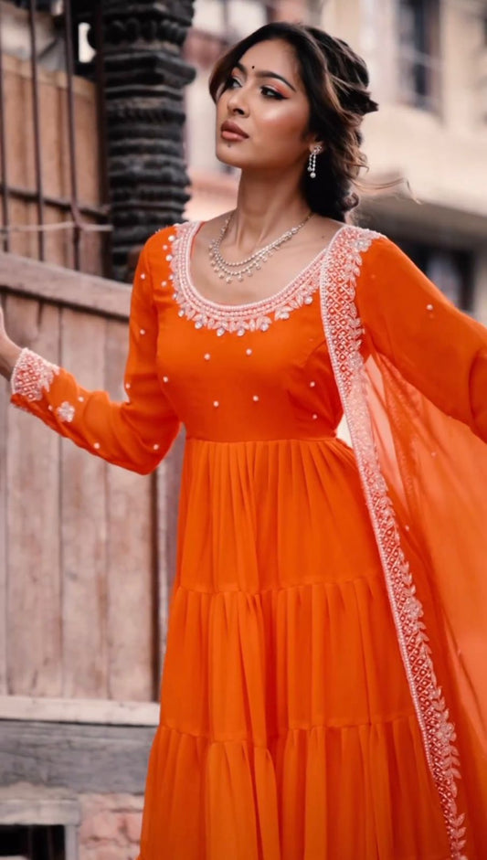 ORANGE  COLOUR VERY BEAUTIFUL  GOWN AND WITH PLAZZO AND DUPATTA