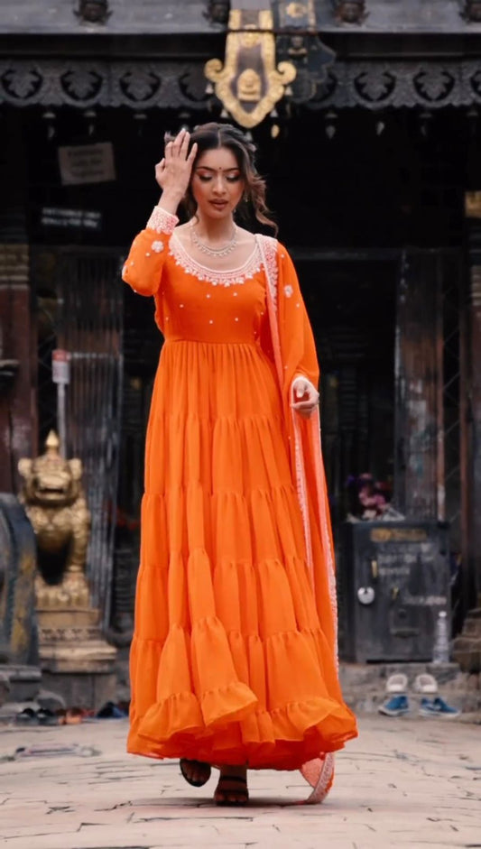 ORANGE  COLOUR VERY BEAUTIFUL  GOWN AND WITH PLAZZO AND DUPATTA