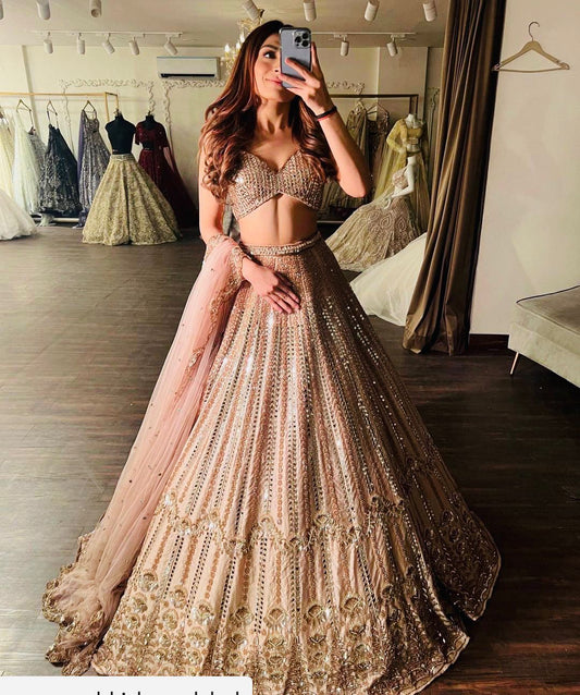 DESIGNER WEAR HEAVY FRENCH EMBROIDERED SEQUENCE AND PAPER MIRROR WORK LEHENGAS CHOLI WITH DUPATTA