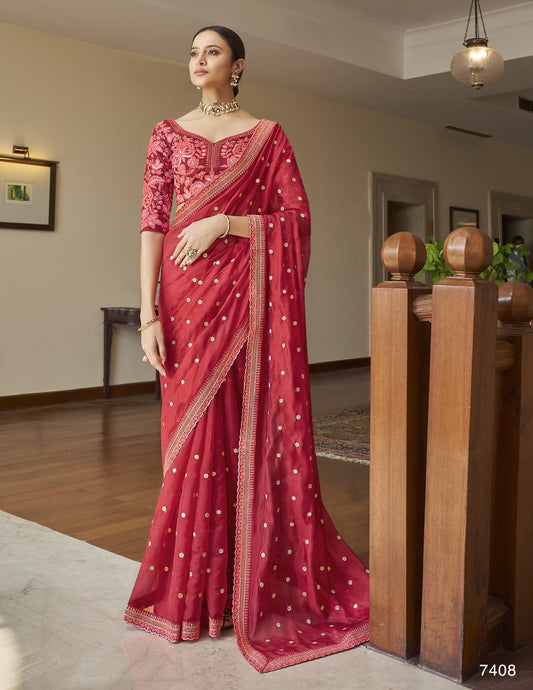 RED COLOUR EMBROIDERY WORK SAREE