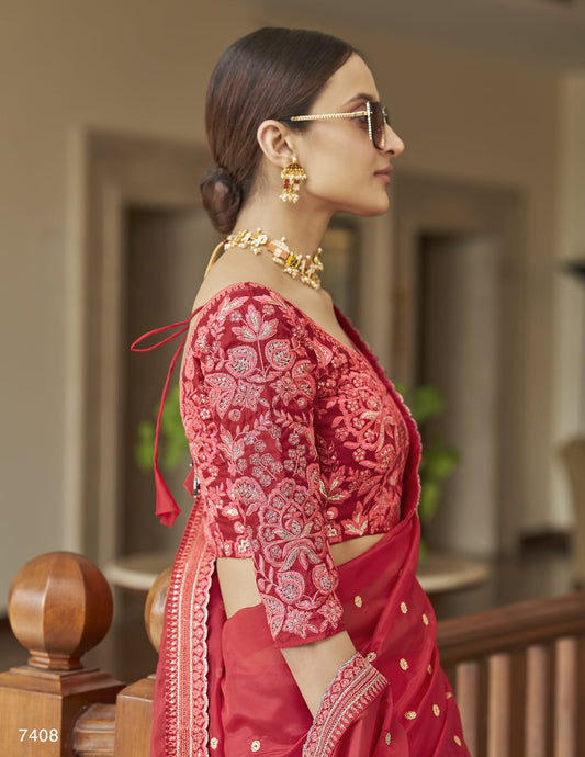 RED COLOUR EMBROIDERY WORK SAREE