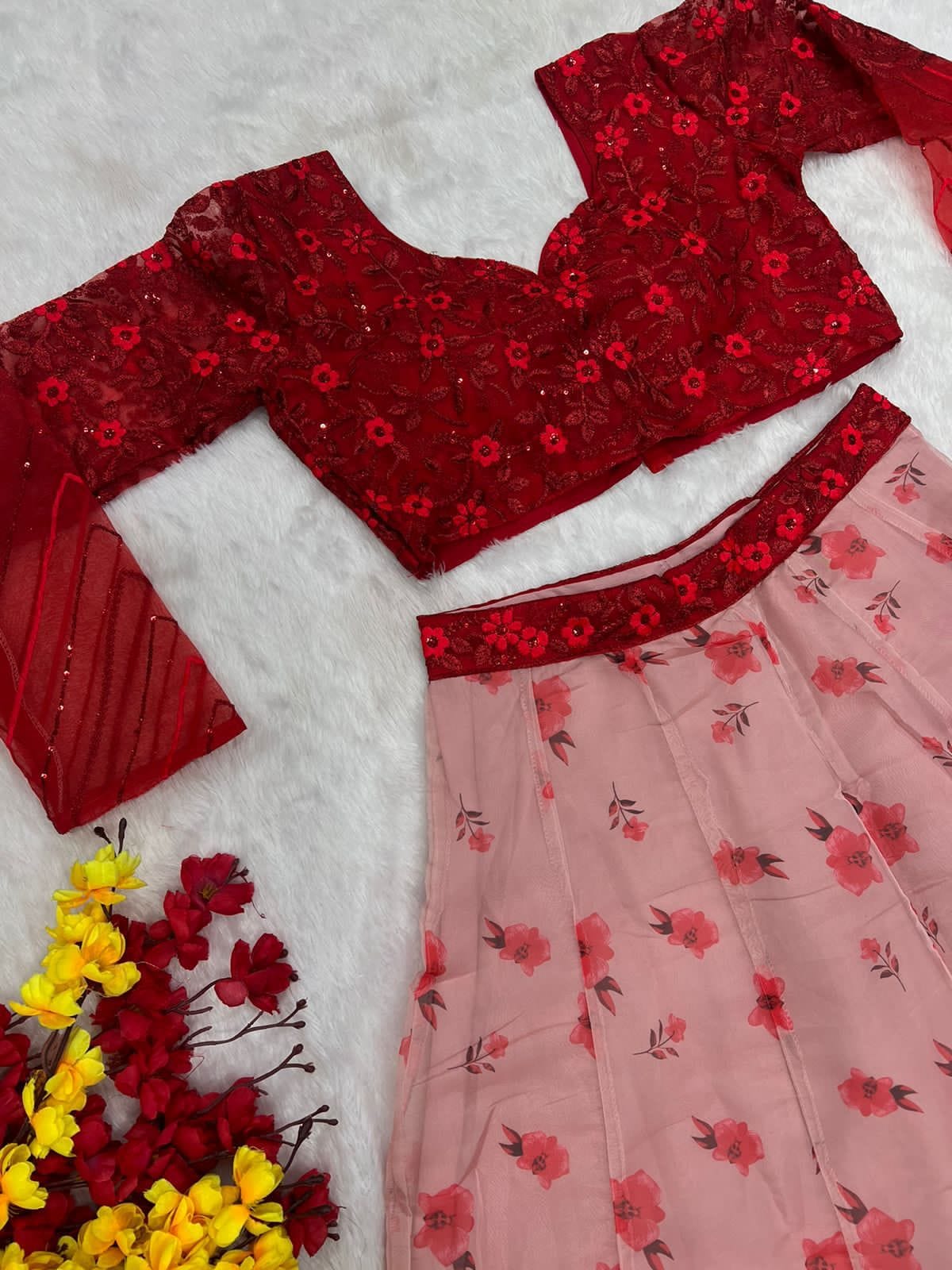 RED COLOUR ORGANZA FABRIC LEHENGA CHOLI