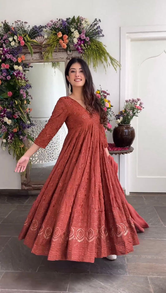 RED COLOUR BEAUTIFUL EMBROIDERY WORK GOWN WITH PENT AND DUPATTA