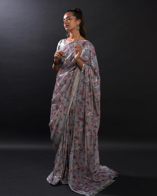 GRAY COLOUR SEQUNCE WORK SAREE