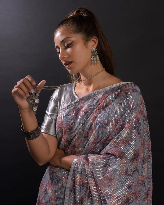 GRAY COLOUR SEQUNCE WORK SAREE