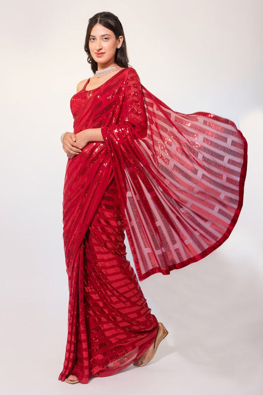 RED COLOUR GEOGETTE FABRIC  SEQUNCE  SAREE