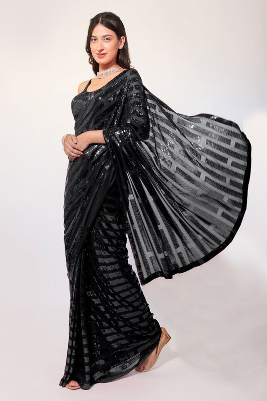 BLACK COLOUR GEOGETTE FABRIC  SEQUNCE  SAREE