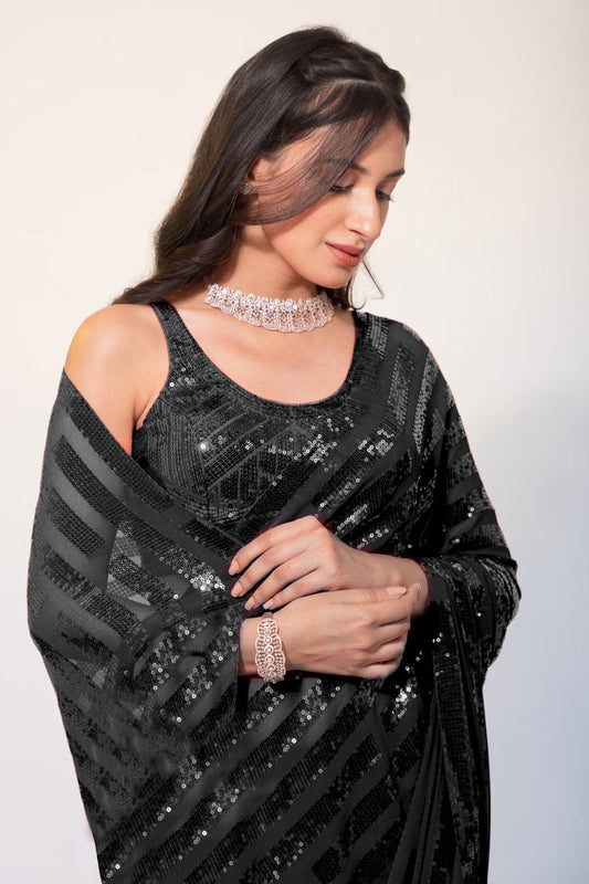 BLACK COLOUR GEOGETTE FABRIC  SEQUNCE  SAREE