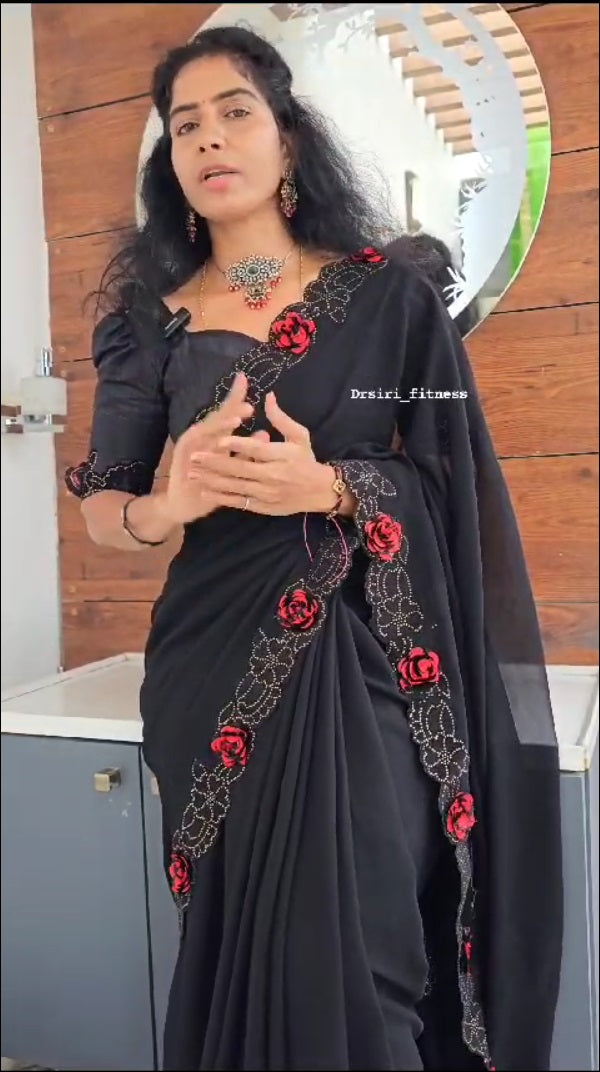 Beautiful  Black Colour a Designer Swarovski Flower Saree