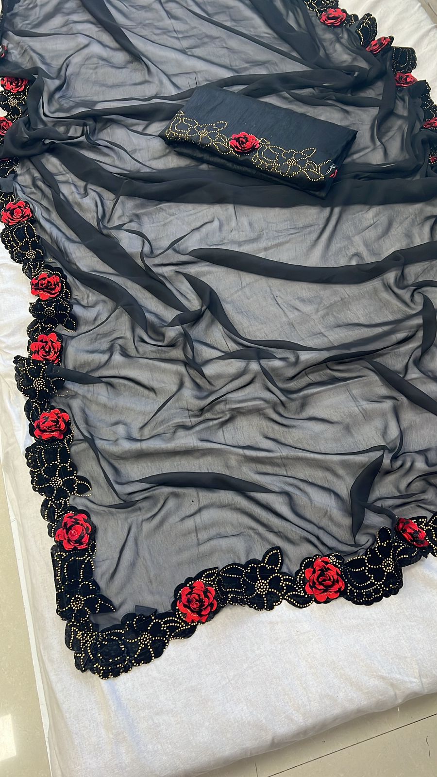 Beautiful  Black Colour a Designer Swarovski Flower Saree