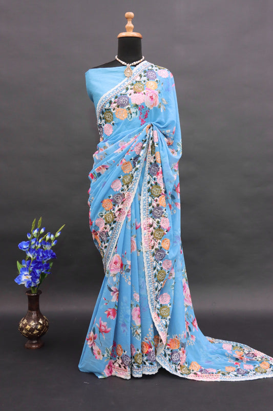 SKY BLUE  COLOUR FOUX GEOGETTE FABRIC DIGITAL PRINT WITH THREAD WORK SAREE