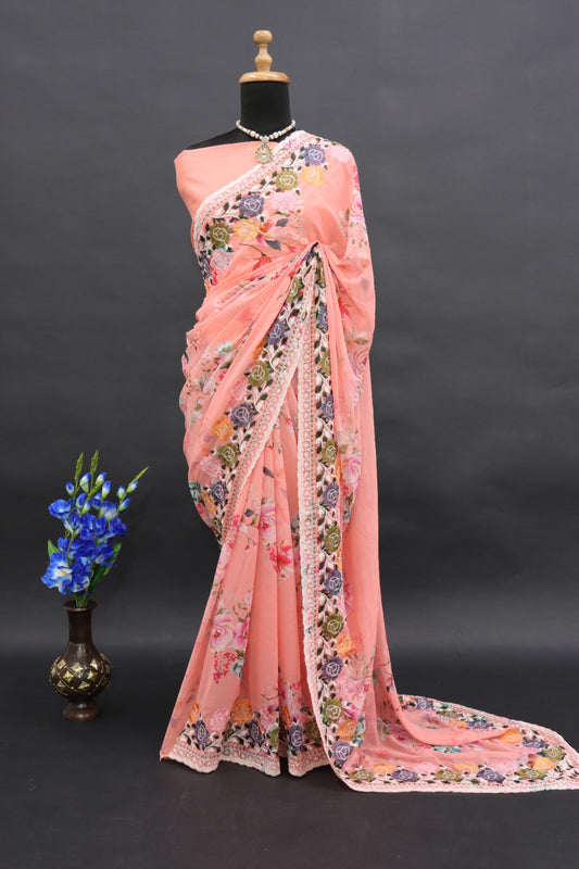 PEACH  COLOUR FOUX GEOGETTE FABRIC DIGITAL PRINT WITH THREAD WORK SAREE