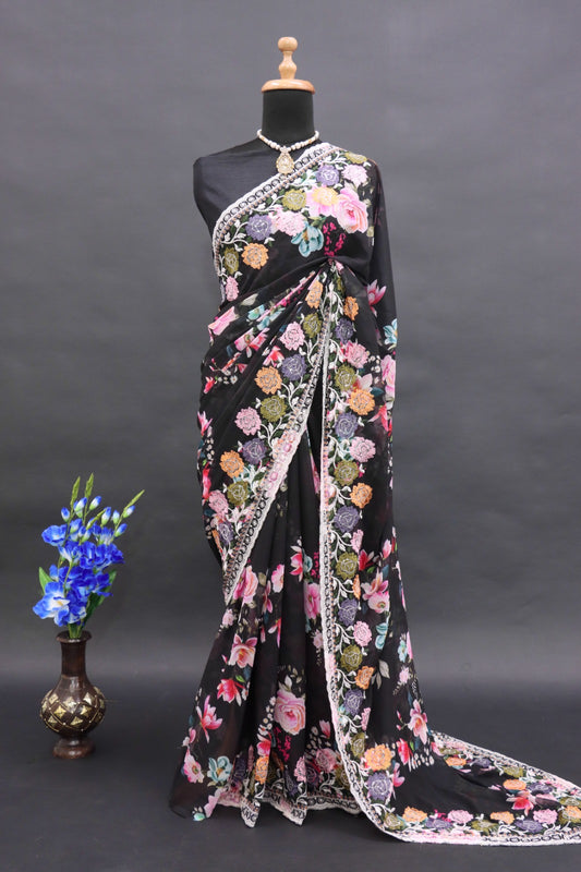 BLACK  COLOUR FOUX GEOGETTE FABRIC DIGITAL PRINT WITH THREAD WORK SAREE