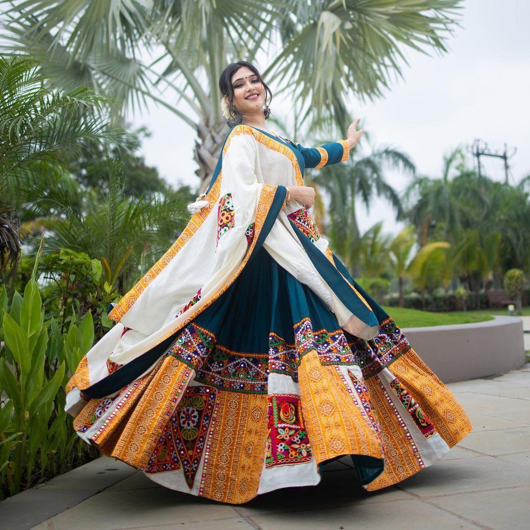 NAVRATRI ROCK WITH THIS PRINTED AND REAL MIRROR LEHENGA CHOLI WITH DUPATTA