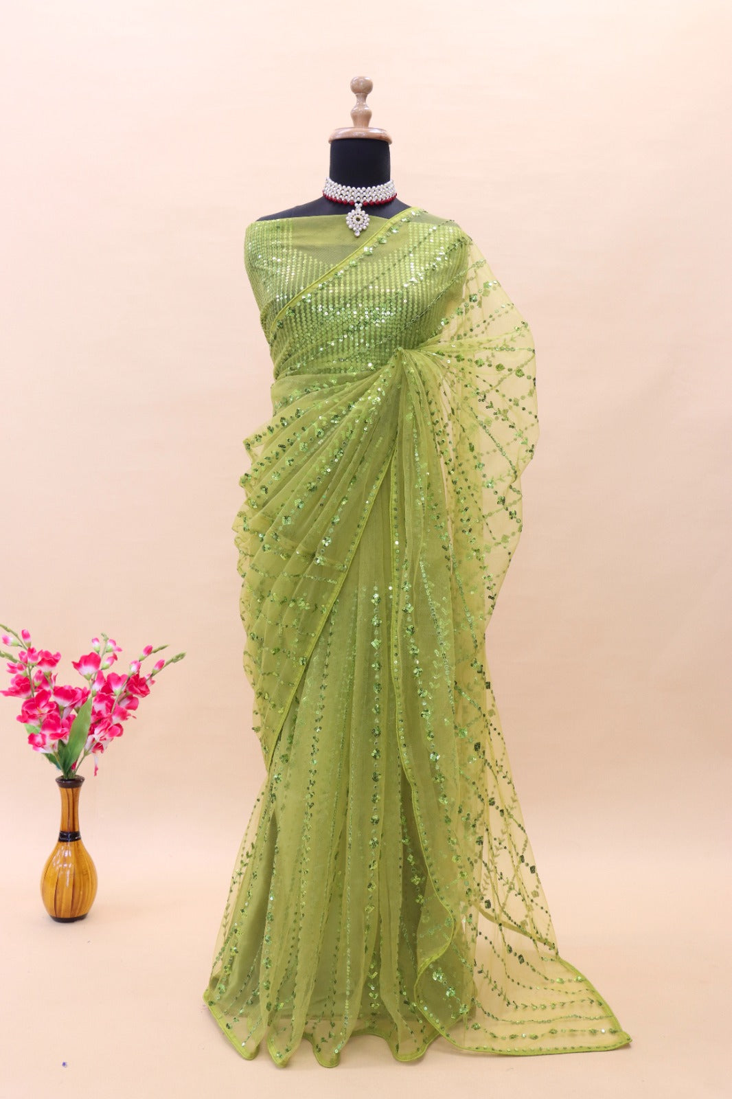 parrot colour net fabric saree