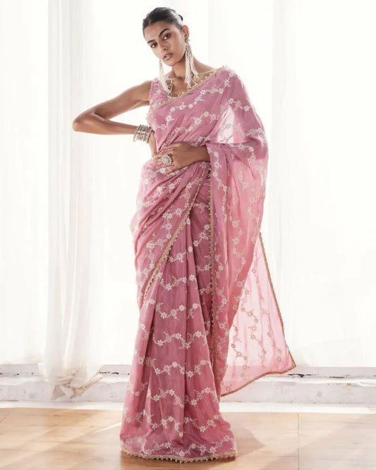 PINK COLOUR GEOGETTE FABRIC THREAD AND ZARI WORK SAREE