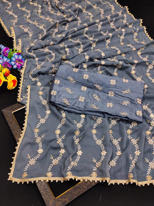 GRAY COLOUR GEOGETTE FABRIC THREAD AND ZARI WORK SAREE