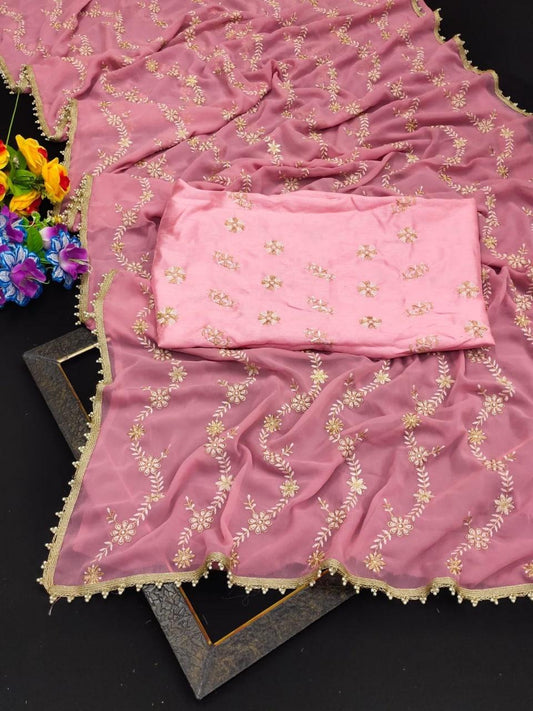 PINK COLOUR GEOGETTE FABRIC THREAD AND ZARI WORK SAREE