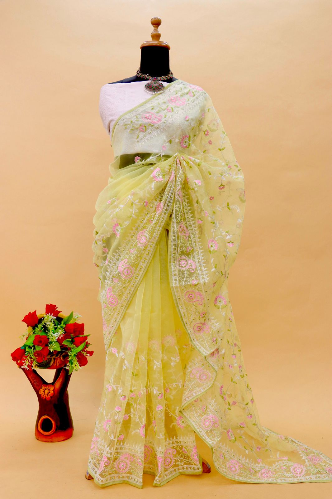 SOFT ORGANZA FABRIC  YELLOW COLOUR HALDI SPECIAL SAREE