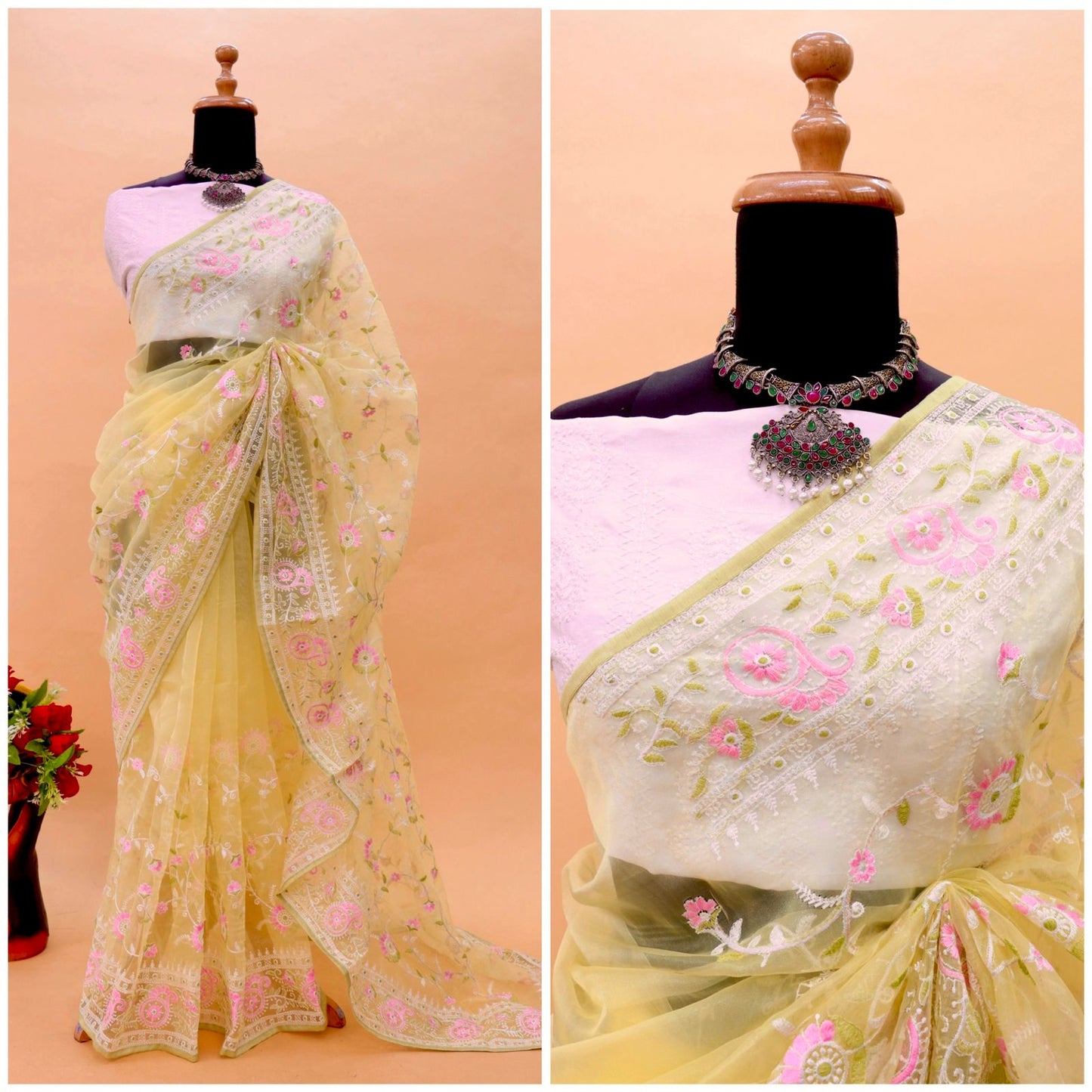 SOFT ORGANZA FABRIC  YELLOW COLOUR HALDI SPECIAL SAREE