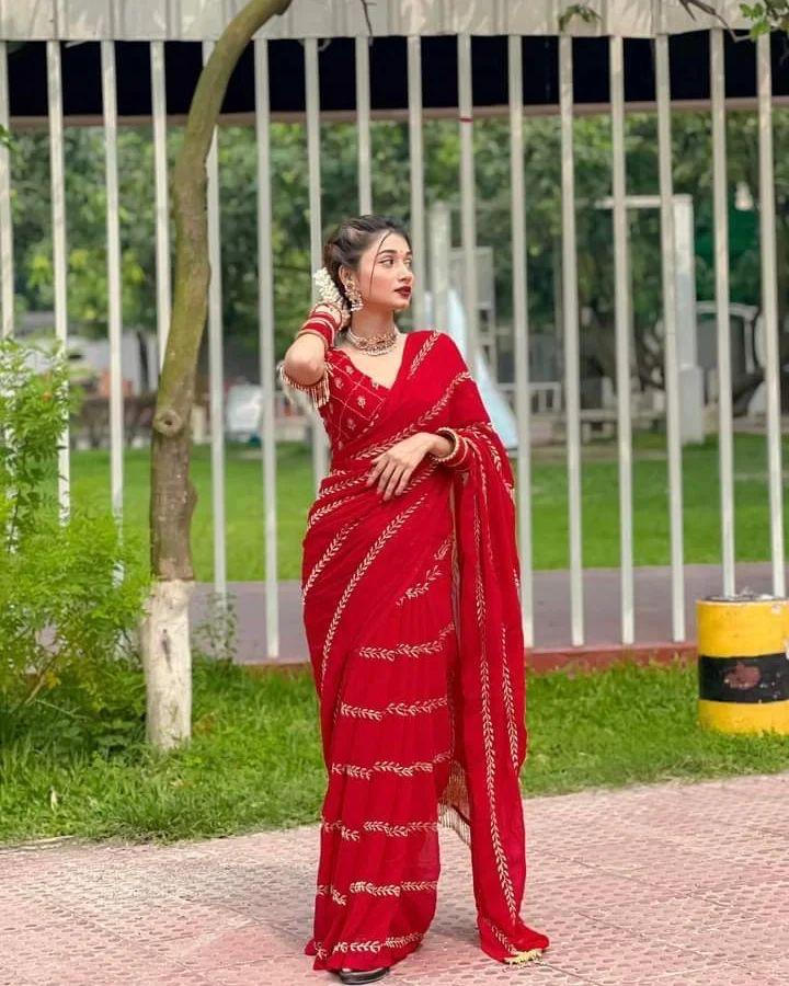 RED COLOUR  EMBROIDERY THREAD  ZARI  WORK SAREE