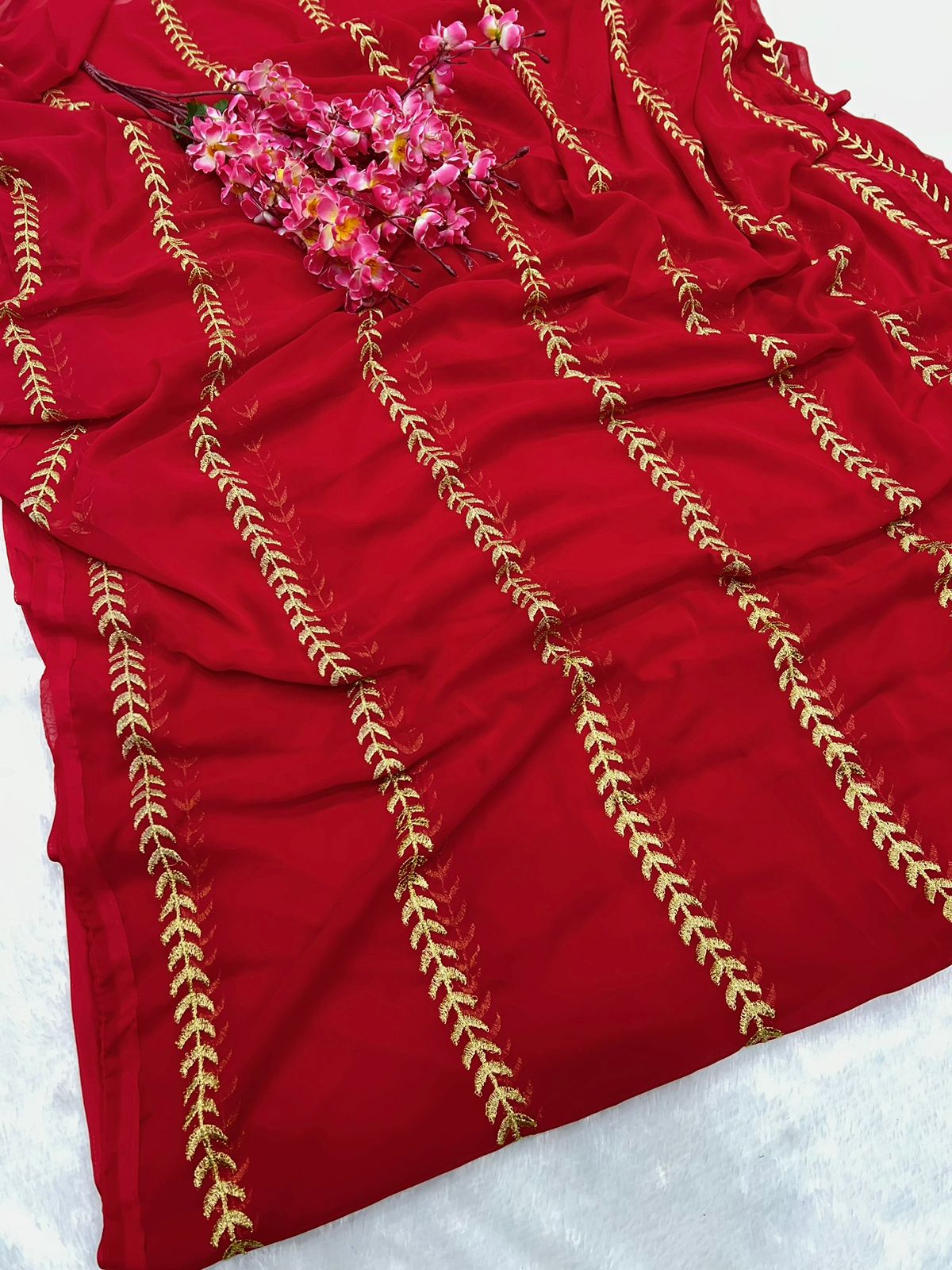 RED COLOUR  EMBROIDERY THREAD  ZARI  WORK SAREE