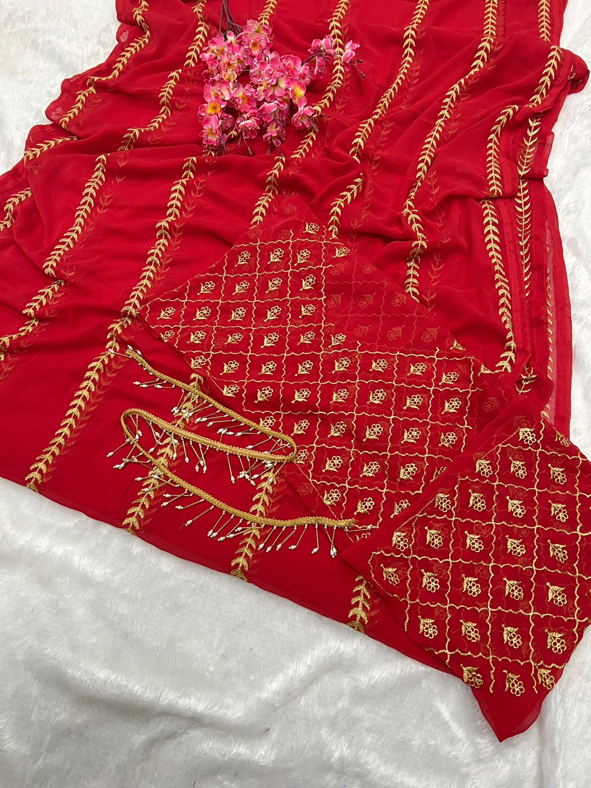 RED COLOUR  EMBROIDERY THREAD  ZARI  WORK SAREE