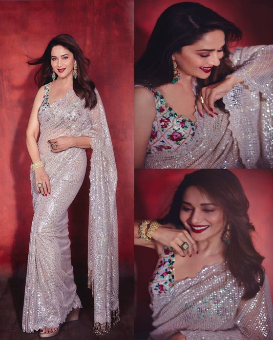 MADHURI  DIXIT BOLLYWOOD  HEVY GLOSSY SILK FANCY ZARI & FANCY SEQUNCE WORK SAREE