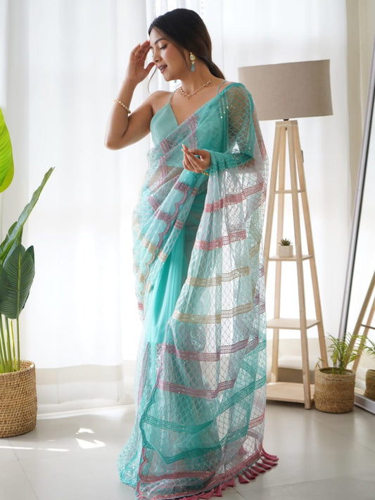 Net Sequence Embroidery Saree