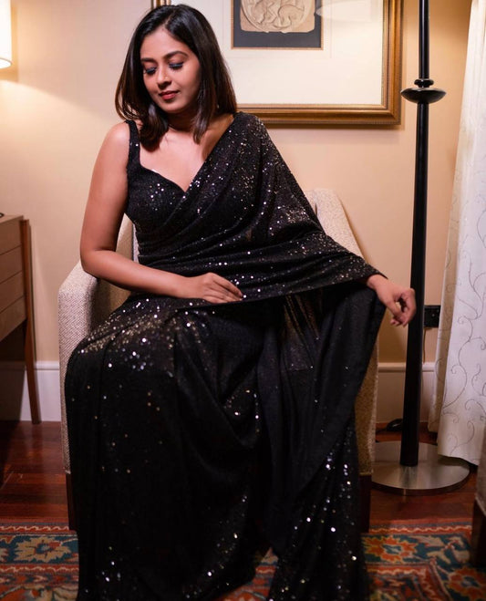 BLACK COLOUR GEOGETTE FABRIC SEQUNCE SAREE