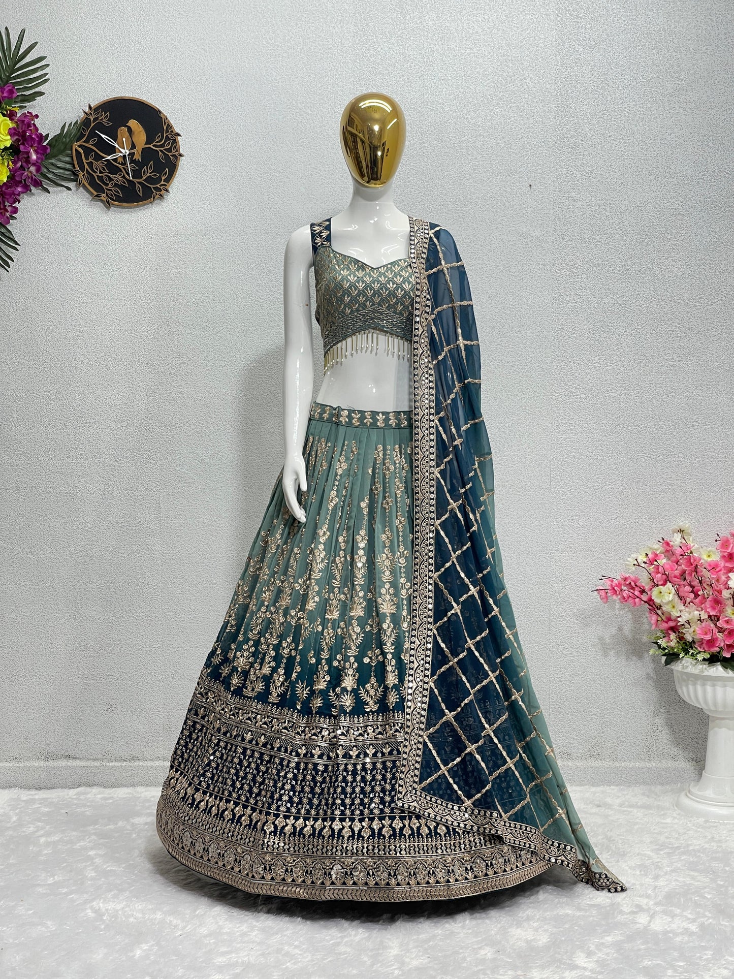 BRIDAL WEAR HEAVY FUAX GEORGETTE EMBROIDERED SEQUENCE WORK LEHENGAS CHOLI WITH DUPATTA