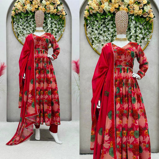 Faux Georgette febric with inner and Digital print & Hand work and Pent On Crep Febric and Dupatta on Faux Georgette febric with Digital Print and 4 side lace.